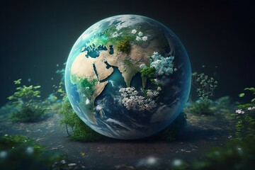 Obraz na płótnie Canvas Earth planet with plants and flowers on the black background. Earth day. Earth protection concept created with Generative AI technology