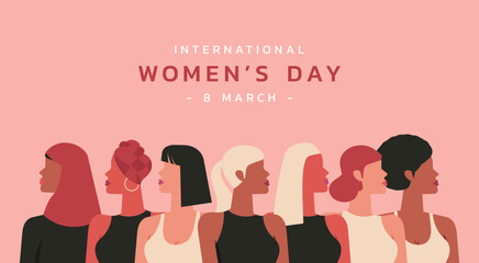 female diverse faces of different ethnicity on 8 March International women day and the feminist movement for independence, freedom, empowerment, and activism for woman rights, vector flat illustration