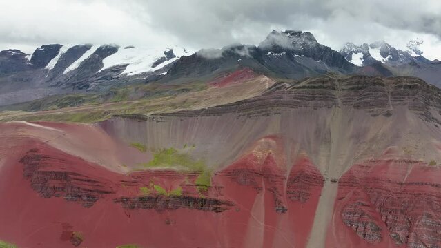 Aerial fly drone view of  Rainbow Mountain (Montana de Siete Colores), Vinicunca, Cusco Region, Peru.