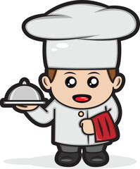 vector illustration of a smiling little chef holding a pan tray
