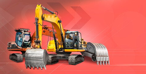 Two powerful crawler excavators on an industrial background. Powerful excavator with an extended...