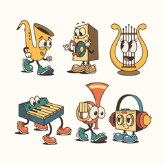 Hand drawn retro cartoon musical instruments collection
