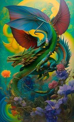 A fabulous dragon and flowers. Generative AI. Fantasy illustration