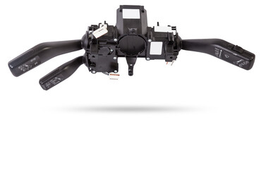 Steering wheel switches for windshield wipers and turn signals with steering angle sensor disassembled on a white isolated background, spare part for car repair or for sale at junk yard.