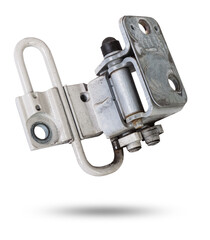 Metal and plastic car spare parts on a white isolated background - door stopper that prevents hard touches of body elements, damage or breakage. Detail of a mechanical assembly.