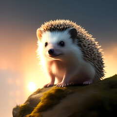 Cute hedgehog sitting on a rock with the sun and a sky in the background AI - obrazy, fototapety, plakaty