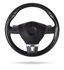 Steering wheel for car and truck isolated on white background. Automobile vehicle part or equipment. Round modern style consist of black leather and aluminum. For driver to driving control and tuning.