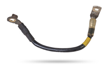 Thick short curved electric wire in black rubber isolation on a white isolated background. Automotive positive terminal.