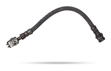 Used brake hose close-up on a white isolated background in a photo studio - high-pressure sleeve and two metal tips for connecting to the cylinders. Replacement parts in a car service.