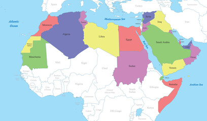 map of Arab World with borders of the states - obrazy, fototapety, plakaty