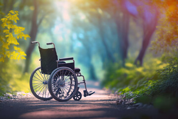 Fototapeta premium Wheelchair in a park. Empty wheel chair on a trail, trees and nature background. Generative AI