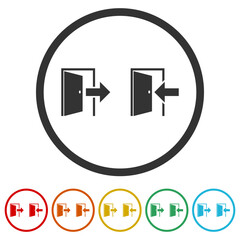 Exit and enter door with arrow symbol icons in color circle buttons