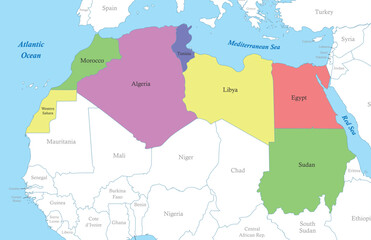 map of North Africa with borders of the states.