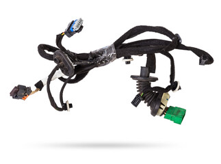 A cable of matted wires of different colors with connectors in the electrical wiring of the car. Internet line in the work of the provider.