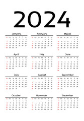 Calendar for 2024 isolated on a white background