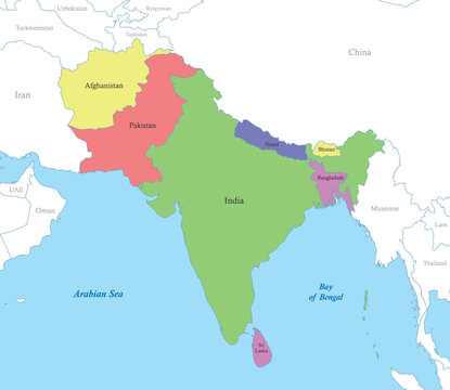 map of South Asia with borders of the states.
