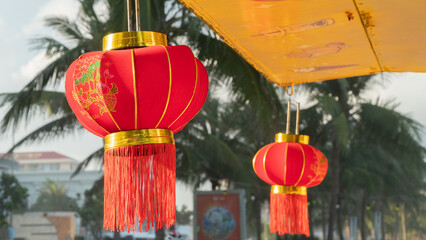 Asian red lanterns close up decor