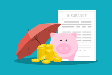 Personal financial protection insurance concept, Piggy bank with coin, umbrella, document on isolated background, Digital marketing illustration.