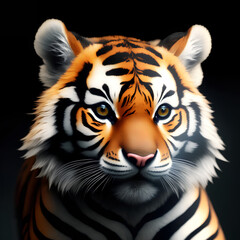 a tiger on a black background. Cute little animal illustration AI