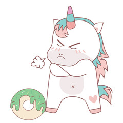 Clipart kawaii and cute unicorn angry on white background for kids fashion artworks, children books, birthday invitations, greeting cards, posters. Fantasy cartoon vector illustration.