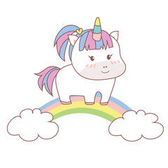Clipart kawaii and cute baby unicorn standing on the rainbow on white background for kids fashion artworks, children books, birthday invitations, greeting cards, posters. Fantasy cartoon vector.