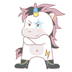 Clipart kawaii and cute baby unicorn with rock and roll style and piercing on ear on white background for kids fashion artworks, children books, birthday invitations, greeting cards, posters. 