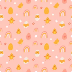Muurstickers Vector color hand-drawn children cute easter seamless pattern with hens, bunny, easter eggs, flowers in scandinavian style. Easter colorful set. Doodle cartoon spring background. Happy easter. © tanyabosyk