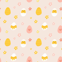 Vector color hand-drawn children cute easter seamless pattern with hens, bunny, easter eggs, flowers in scandinavian style. Easter colorful set. Doodle cartoon spring background. Happy easter. © tanyabosyk