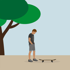 A male character in shorts stands near a skateboard outdoors