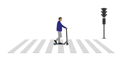 Male character on scooter rides on a crosswalk on white background