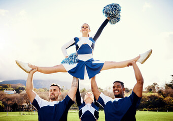 Sports woman, sky and cheerleader performance with smile and energy to celebrate outdoor....