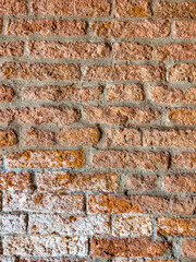 Vertical traditional brick textured wall background in design loft style. Grunge reddish brown colored with copy space. Blank poster or wallpaper surface template. Partly damaged pattern.