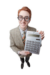 Nerd guy holding a big calculator