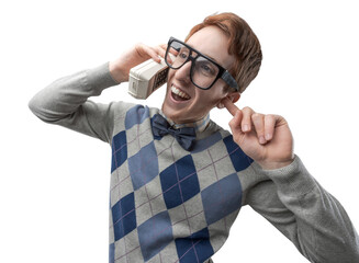 Funny nerd guy having a phone call - obrazy, fototapety, plakaty