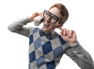 Funny nerd guy having a phone call