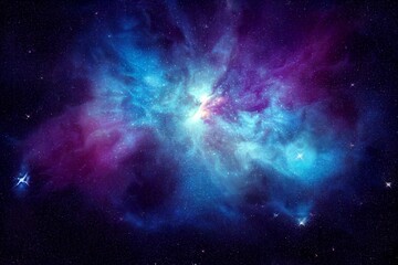 Naklejka na ściany i meble Glowing stars in a blue galaxy nebula. background illustration. Generative AI