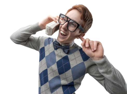 Funny nerd guy having a phone call