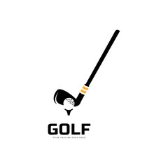 Golf club logo, badge or icon with crossed golf clubs and ball on tee. Vector illustration.