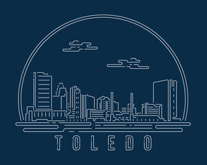 Toledo - Cityscape with white abstract line corner curve modern style on dark blue background, building skyline city vector illustration design - obrazy, fototapety, plakaty