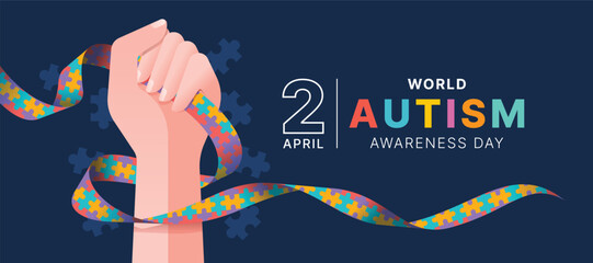 Wolrd Autism Awareness Day - Hand hold line  autism awareness puzzle ribbon sign on dark blue and puzzle texture background vector design - 576585941