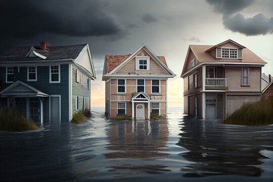 Natural disaster. Flooded town houses. Climate change and global warming concept. Generative Ai