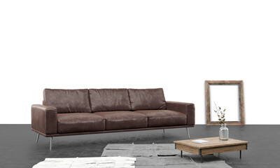 Modern living room with sofa on transparent background. 3D illustration