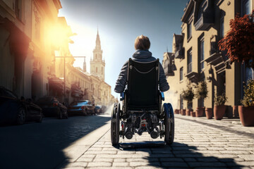Obraz premium Wheelchair in the city street. Young man on an electric wheel chair, Generative AI