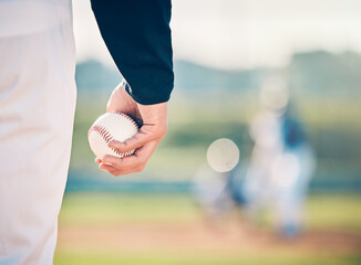 Baseball player, ball and athlete or pitcher hand in a competitive match or game on the sports field for training. Closeup, sportsman and person playing a sport or softball as exercise and fitness - obrazy, fototapety, plakaty