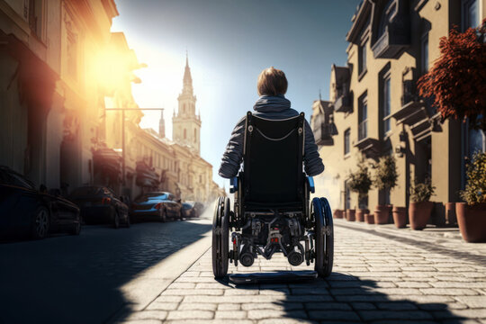 Wheelchair in the city street. Young man on an electric wheel chair, Generative AI