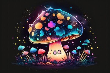 colorful light mushrooms, background in nighttime shades, doodles style. Generative AI