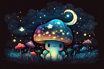 colorful light mushrooms, background in nighttime shades, doodles style. Generative AI