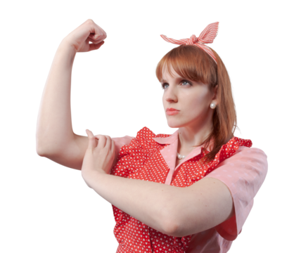 Confident housewife showing biceps and fist: women empowerment concept