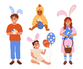 Cute kids in Easter bunny and chicken costumes. Happy children in rabbit ears with Easter eggs, baskets, balloons. Flat cartoon characters set. Vector illustration