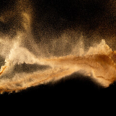 Fototapeta na wymiar Sand explosion isolated on black background. Freeze motion of sandy dust splash.Sand texture concept.
